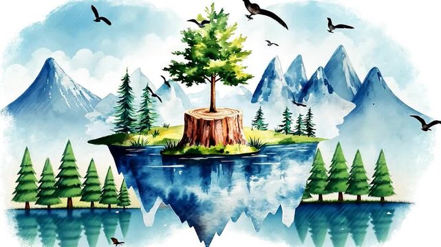 Watercolor landscape of a floating island with a young tree, mountains, and a lake