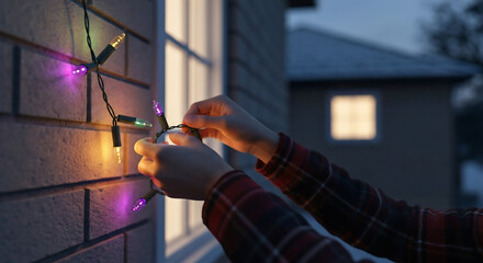 Hands stringing Christmas lights. Exterior of a house in the evening with string lights. Holiday decor preparation