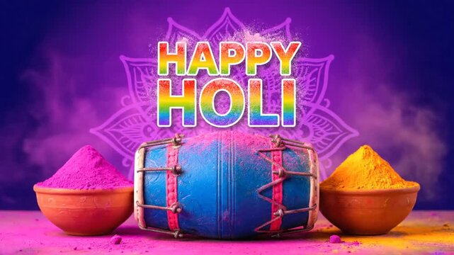 Happy Holi greetings with vibrant colors, traditional Indian drum, and gulal powders, celebrating the Hindu Spring Festival of Colors with joy and festivity