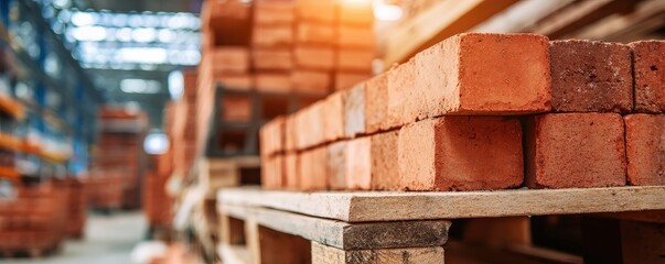A stack of red bricks on a wooden pallet in a warehouse, illuminated by warm light, showcasing construction materials ready for use.