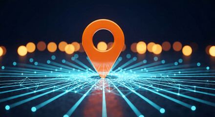 Orange map pin on a futuristic digital network, with glowing blue lines and dots. Represents global location, navigation, and advanced tech concepts