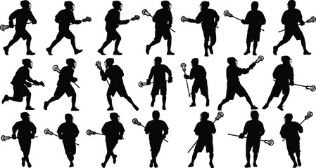 Silhouette lacrosse players running passing shooting with sticks sports action poses collection for athletic training competition design and team illustration elements