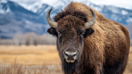 A bison stands prominently in a scenic landscape, showcasing its dense fur and formidable horns against a backdrop of mountains and open fields.