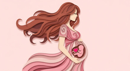 Paper cut illustration of a pregnant woman. The image depicts a mother-to-be in a profile view with baby and a heart symbol
