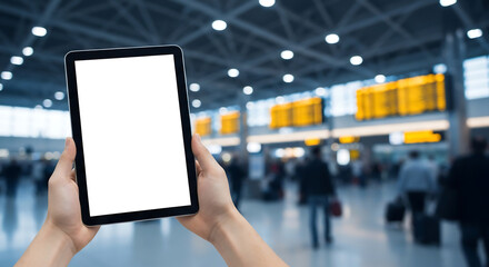 Person holding tablet with blank screen in airport departure lounge