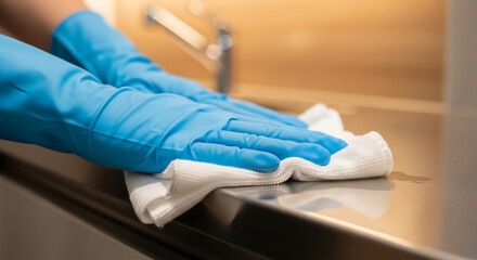 Person in blue protective gloves diligently wipes a shiny counter surface with a white cloth