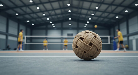 Sepak Takraw ball on court in a stadium, with players playing. An action shot representing a healthy lifestyle
