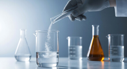 Scientist pouring a chemical substance from a test tube into a beaker, showcasing laboratory research and experimentation