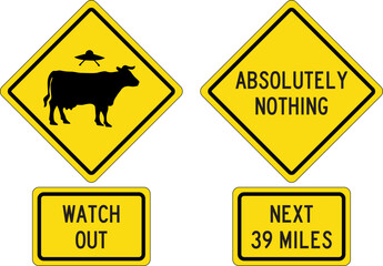 Funny joke traffic signs vector - watch out for aliens and absolutely nothing