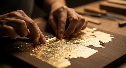 Skilled hands meticulously apply delicate gold leaf onto a wooden surface, showcasing traditional craftsmanship