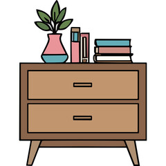Fototapeta premium Light Brown Wooden Two Drawer Nightstand With Pink And Blue Vase And Stacked Books On Top In A Minimalist Interior Design