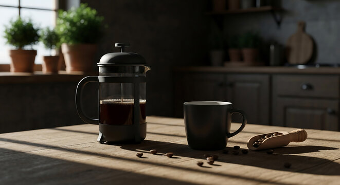 Still life featuring French press coffee maker, black coffee mug, and coffee beans on a wooden table in a rustic kitchen