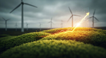 Wind turbines generating clean energy with upward trending graph symbolizes growth