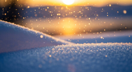 Naklejka premium Winter landscape with a snow-covered surface illuminated by the golden sunset and bokeh effect. The scene captures a serene mood