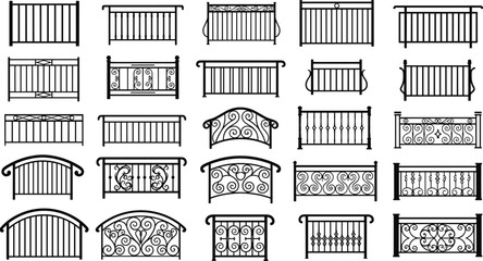 Collection of decorative balcony railing designs, wrought iron fence vector illustrations, ornate metal balusters and guardrail patterns for architecture and construction projects