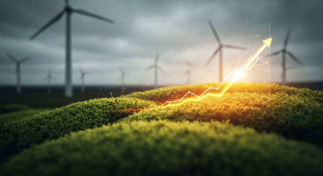 Wind turbines generating clean energy with upward trending graph symbolizes growth - Powered by Adobe