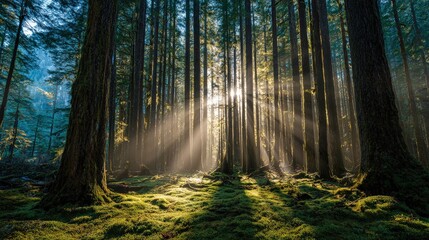 Obraz premium A tranquil forest scene with tall trees, sunlight streaming through, creating a serene atmosphere on a mossy forest floor.