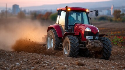 Fototapeta premium Golden Hour Harvest: Tractor Tilling Large Farmland with Soil Dust in Warm Studio Lighting, Candid Shot with Glow Highlight