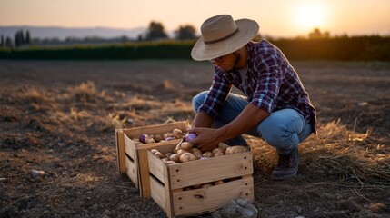Organic Farm Worker Harvesting Fresh Produce with Warm Studio Lighting and Depth Composition