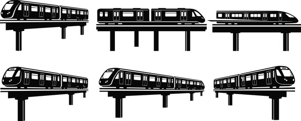 Elevated metro train silhouette set showing modern transit vehicles on railway tracks, urban transportation illustration for public transport, city infrastructure and travel concepts
