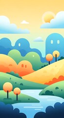 Fototapeta premium Stylized Landscape with River and Rolling Hills Illustration.