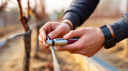 Precision Agriculture: Agronomist Analyzing Soil with Digital Sensors in Vineyard at Sunrise, Aerial View with Bokeh and Leading Lines