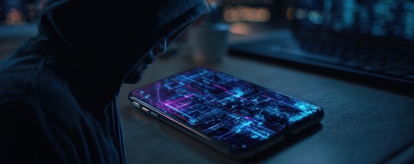 A hooded figure stares at a smartphone displaying vibrant, digital patterns, set against a dark tech-inspired backdrop.