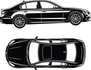 Luxury sedan car vector illustration showing detailed side view and top view design for automotive graphics, transport concepts and technical drawing projects