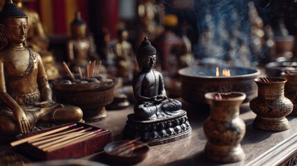 Meditative ambiance with Buddha statues and burning incense enhancing serenity