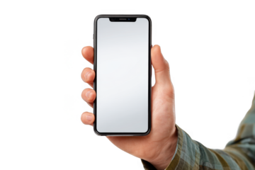 Holding a smartphone in a hand with a blank screen on a transparent background for digital uses or ads
