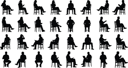 Silhouettes of people sitting on chairs in various poses, diverse seated positions collection, human posture illustration set for design and presentation