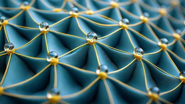 Abstract network of  teal fabric with golden threads and clear spheres