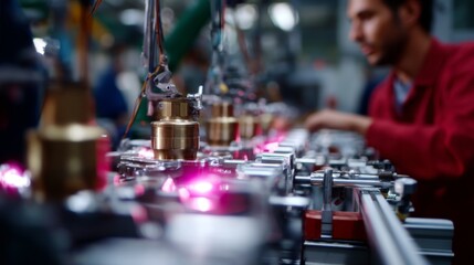 Advanced Automotive Production Line Technician Working with Robotic Arms in Cinematic Lighting - Candid Shot with Glow Highlight and Fill the Frame