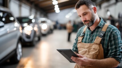 Fototapeta premium Skilled Mechanic Performing Diagnostics Test on Car with Handheld Computer in Bright Garage Light, Professional Automotive Service Concept