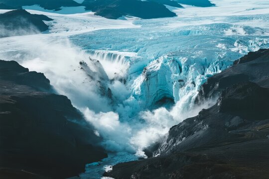 Glacial ice cascade breaking through mountainous terrain with dramatic mist and blue ice formations