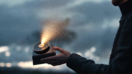 Handheld device emitting sparks against a cloudy sky