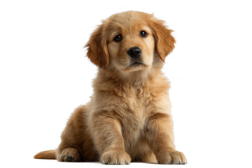 Golden retriever puppy sitting on a transparent background looking at the viewer with curiosity and innocence