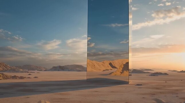Reflective Monolith in Desert Landscape Under Dramatic Sky with ai generated