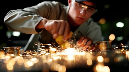 Skilled Technician Welding Vehicle Frames in Automotive Workshop with Sparks, Softbox Lighting, Close-Up Shot on White Background