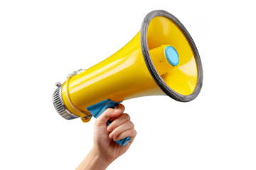 Bright yellow megaphone held by a hand for speaking out in events or gatherings in a public space