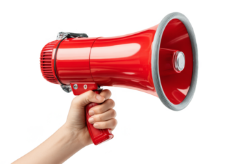Hand holds a red megaphone on a transparent background ready for loud announcements in outdoor settings