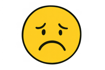 Sad yellow emoji face with a frown and downcast eyes, conveying feelings of sadness, disappointment, and negativity. Transparent background