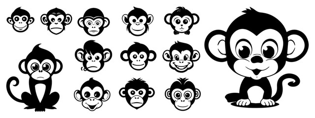 Set of cute cartoon monkey faces and sitting mascot vector illustration