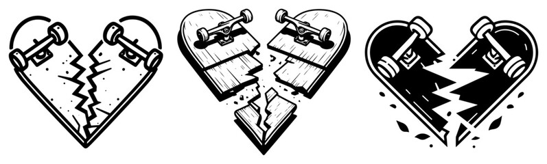 Set of broken skateboard decks arranged in heart shapes vector tattoo illustration © Luka