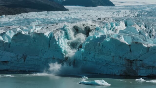 Massive glacier calving with ice chunks breaking into water, creating waves and mist in a polar environment