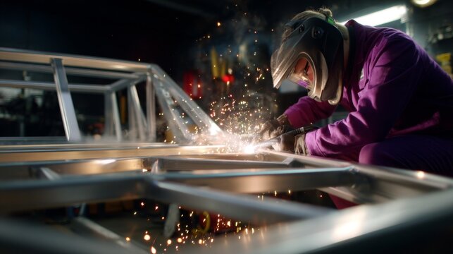 Skilled Technician Welding Vehicle Frames with Sparks in Automotive Workshop - Close-Up Shot with Softbox Lighting on White Background