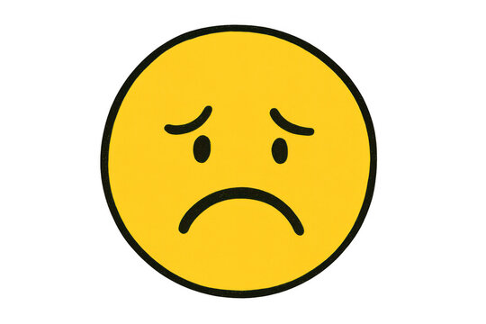 Sad yellow emoji face with a frown and downcast eyes, conveying feelings of sadness, disappointment, and negativity. Transparent background