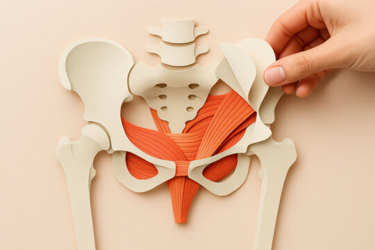 Hand reveals muscle layers on papercut pelvic bone model. creative medical anatomy learning concept for human health showing complex and detailed body structure