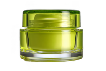 Green glass jar with a lid on a transparent background for cosmetic or skincare use in a simple design