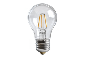 Light bulb with transparent background showing filament design and metal base structure clearly visible and defined